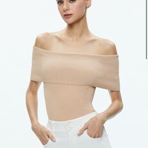 Alice + Olivia Off-Shoulder Ribbed Beige Top